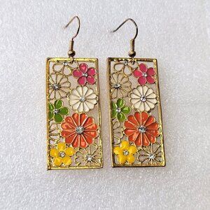 Rectangular Floral Earrings Filigree style with Multicolored flowers